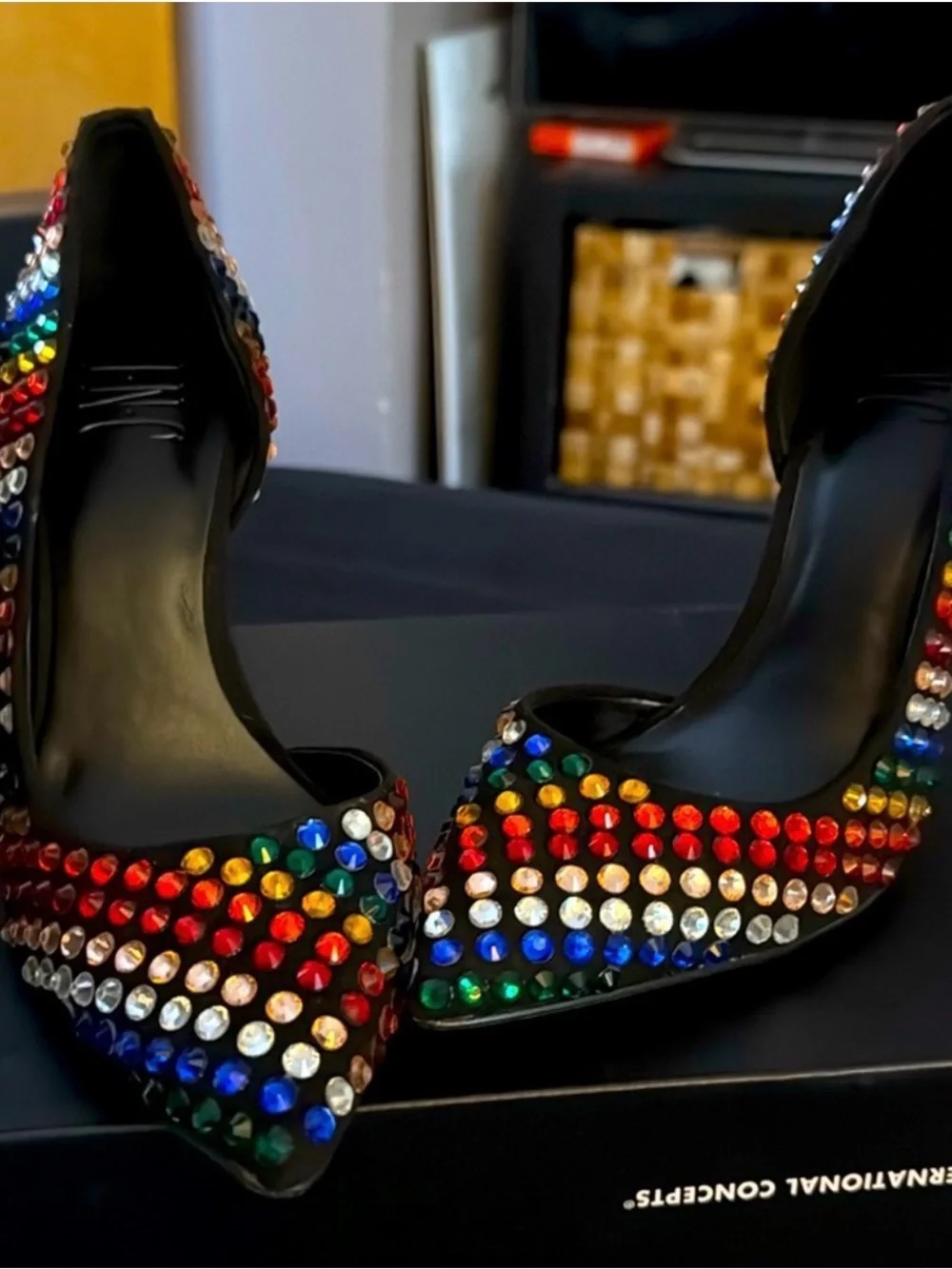 INC International Concepts Black Pointed-Toe Heels with Rainbow Crystal Studs
